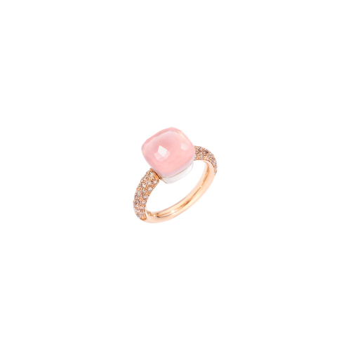 Accedi alla scheda di Pomellato POMELLATO NUDO - ANELLO NUDO CLASSIC CON DIAMANTI, IN ORO ROSA  CON CASTONE IN ORO BIANCO , QUARZO ROSA, CALCEDONIO SFACCETTATO E DIAMANTI BROWN - A.C004BRO6/QR - PAC0040O7000BRCQR
