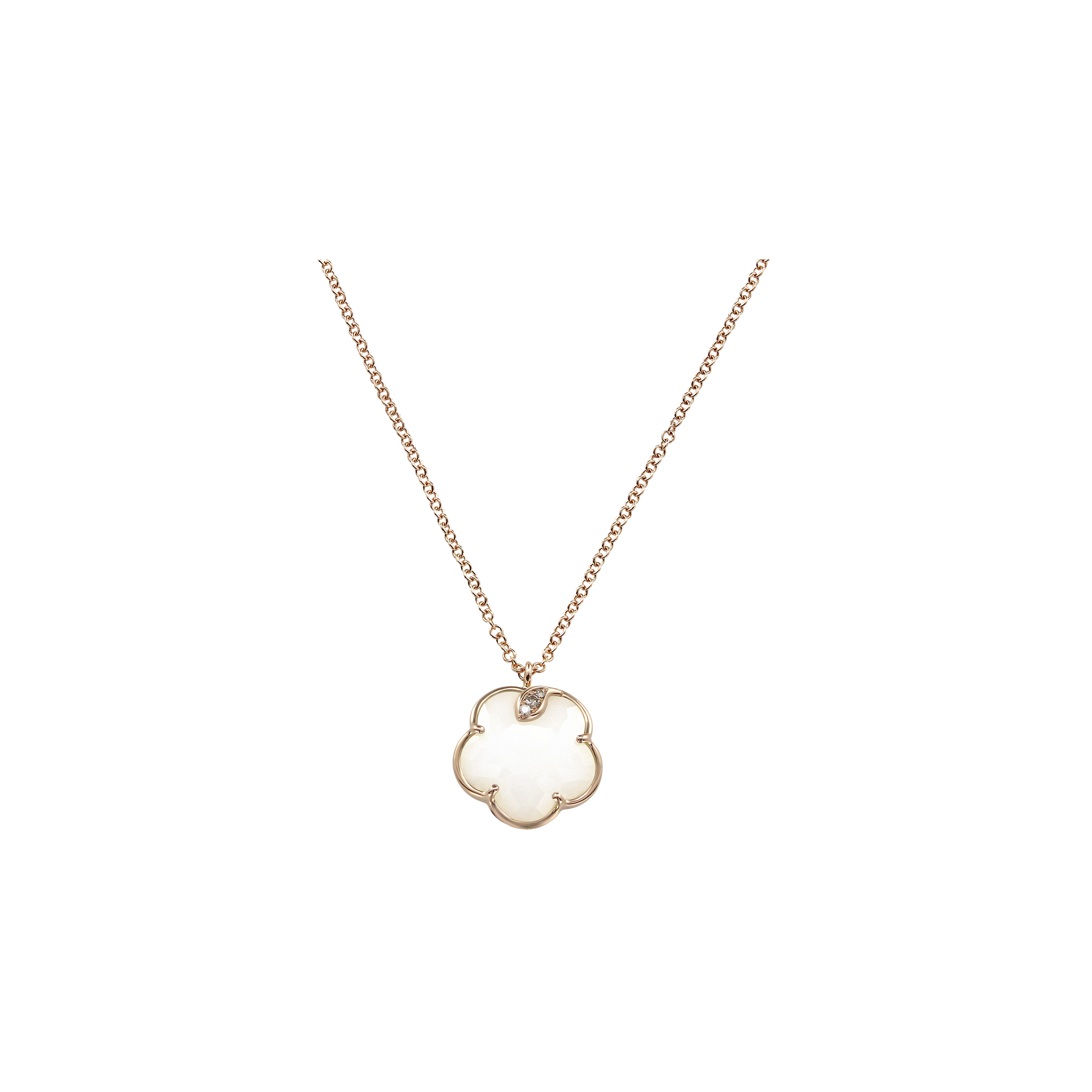 Pasquale Bruni | COLLANA PETIT JOLI IN ORO ROSA CON FIORE IN AGATA BIANCA, DIAMANTI BIANCHI E CHAMPAGNE - 16137R - 16137R (1)