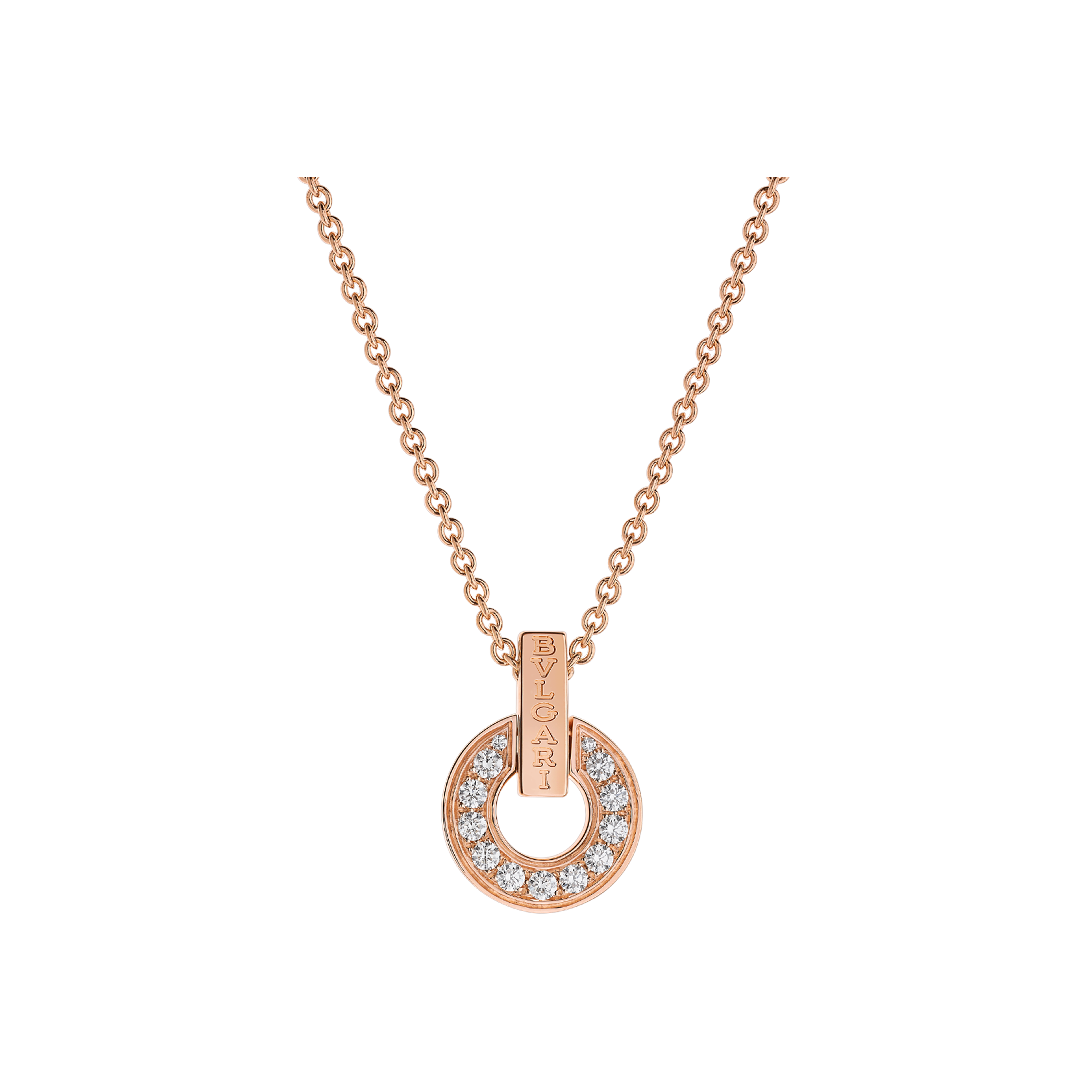 Bulgari | COLLANA BVLGARI BVLGARI OPENWORK IN ORO ROSA CON DIAMANTI PAV&Eacute; PIENI SUL PENDENTE - CL858774 - CL858774 (1)