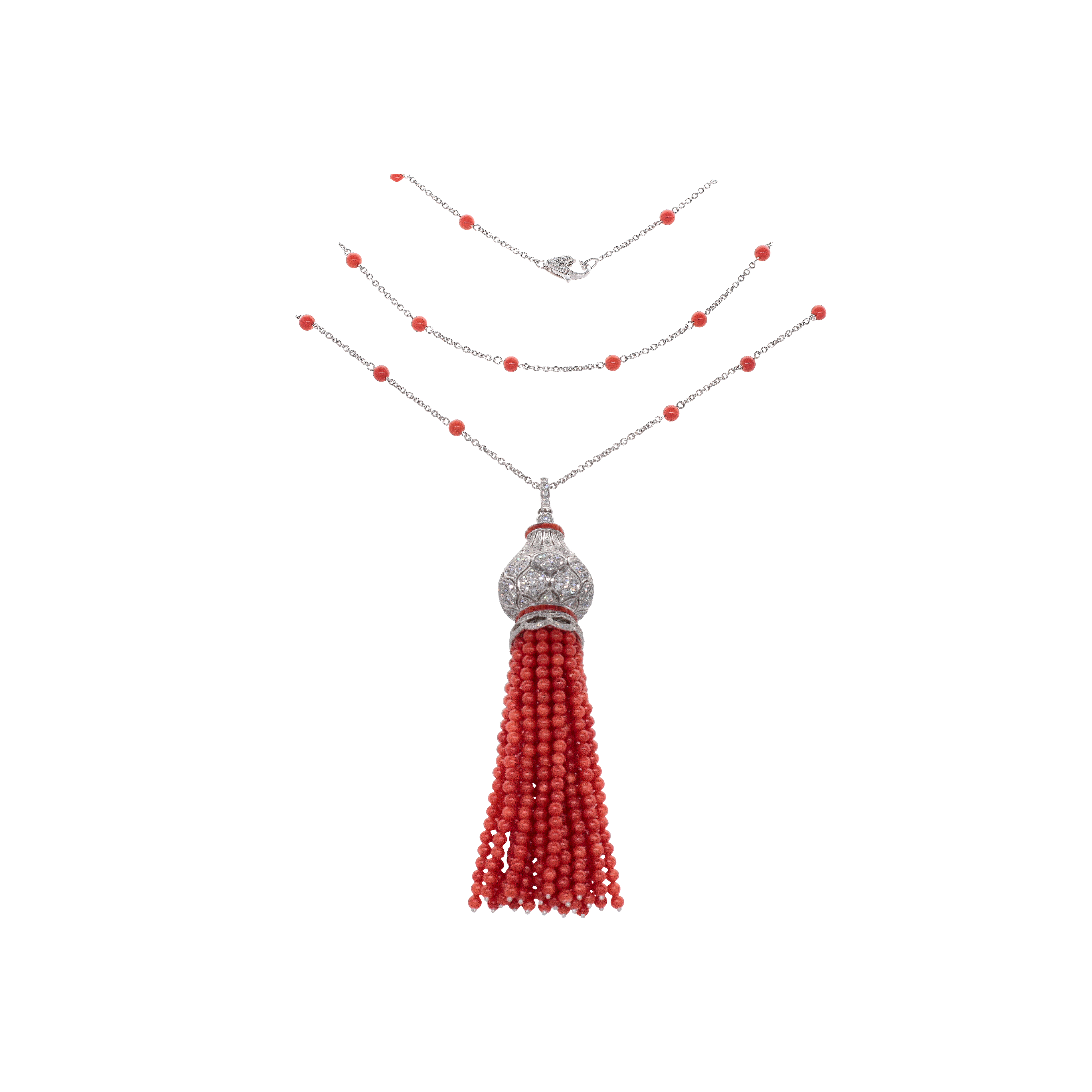 Bartorelli Italian Jewels | COLLANA MODELLO MAHARADSCHA CON CIONDOLO PENDENTE IN ORO BIANCO DIAMANTI BIANCHI E FILI DI CORALLO NATURALI - GIGI014014 (1)