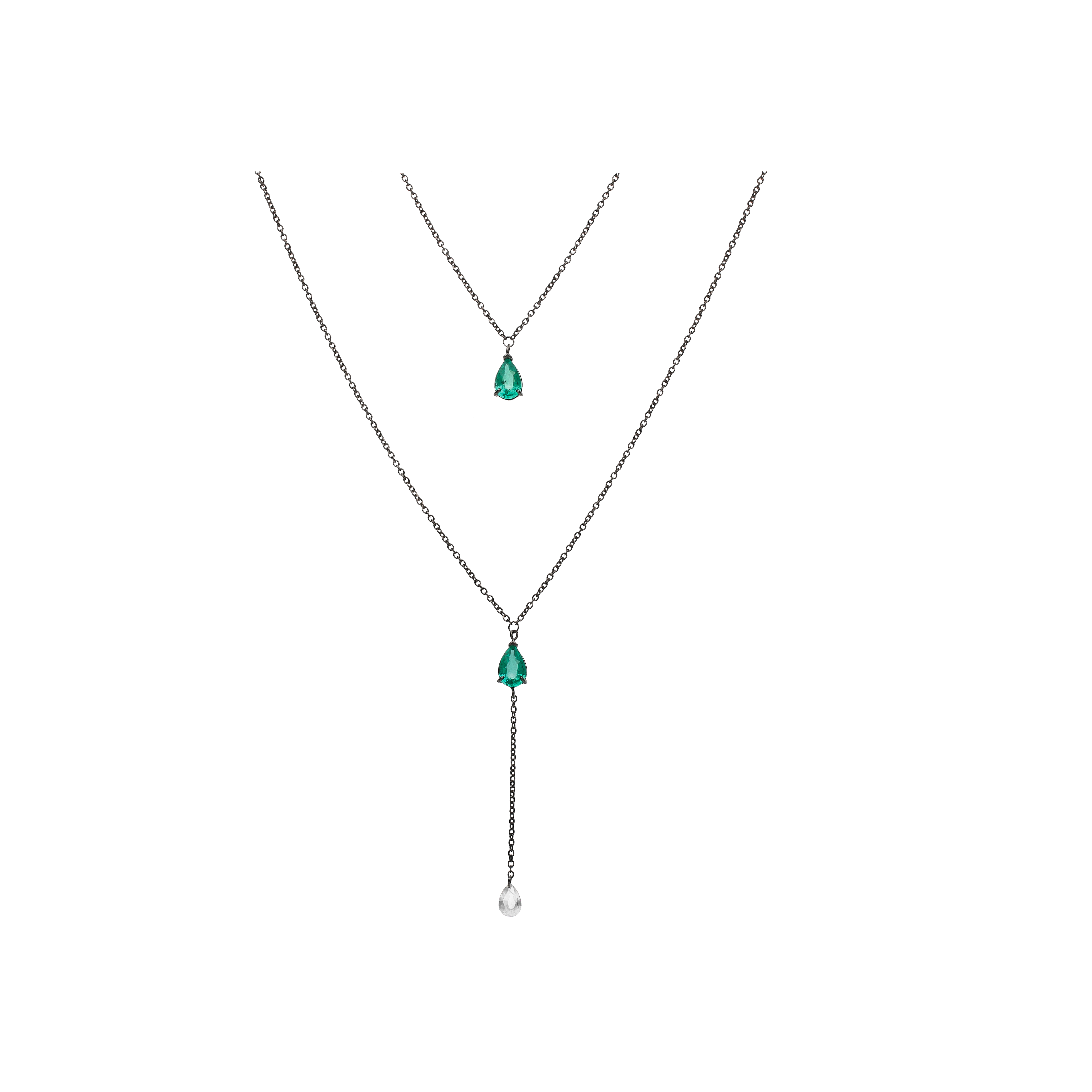 Bartorelli Italian Jewels | COLLANA A DOPPIO FILO IN ORO NERO CON SMERALDI E DIAMANTE PENDENTI - C069/20-SM (1)