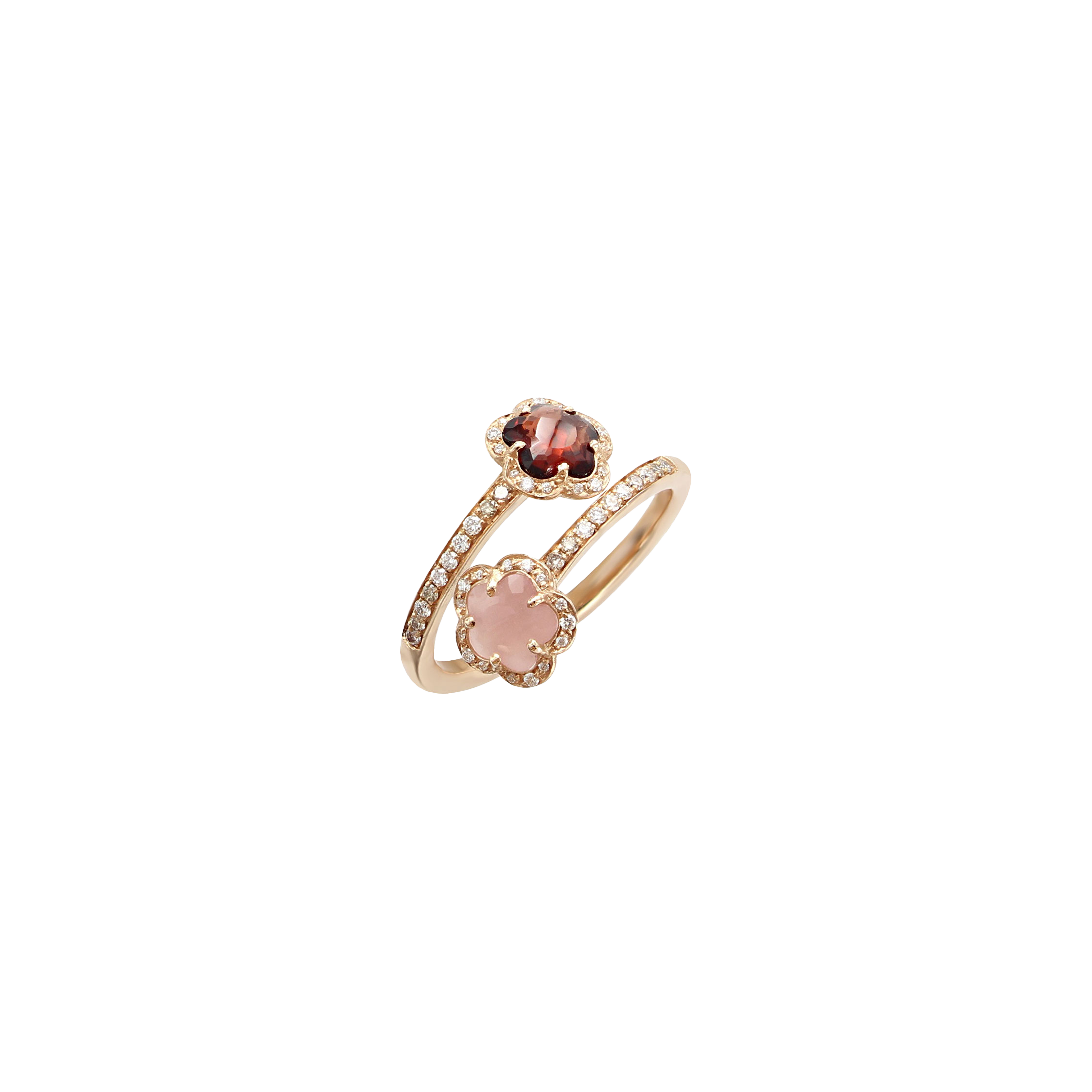Pasquale Bruni | ANELLO FIGLIA DEI FIORI IN ORO ROSA CON CALCEDONIO ROSA, GRANATO ROSSO E DIAMANTI  - 15958R - 15958R (1)