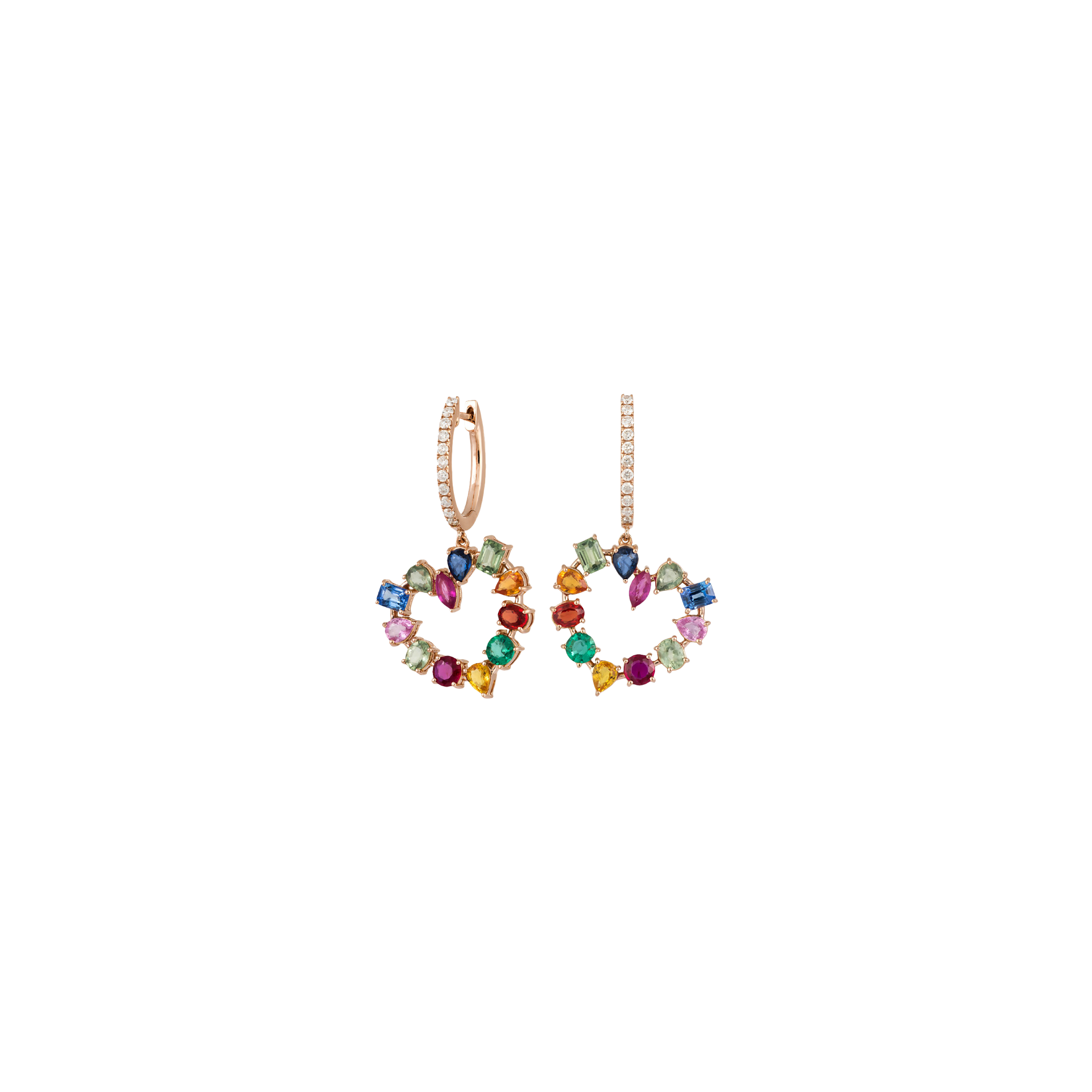 Bartorelli Italian Jewels | ORECCHINI  RAINBOW CON CUORE PENDENTE IN ORO ROSA CON DIAMANTI E ZAFFIRI MULTICOLOR - KE1355/MS (1)