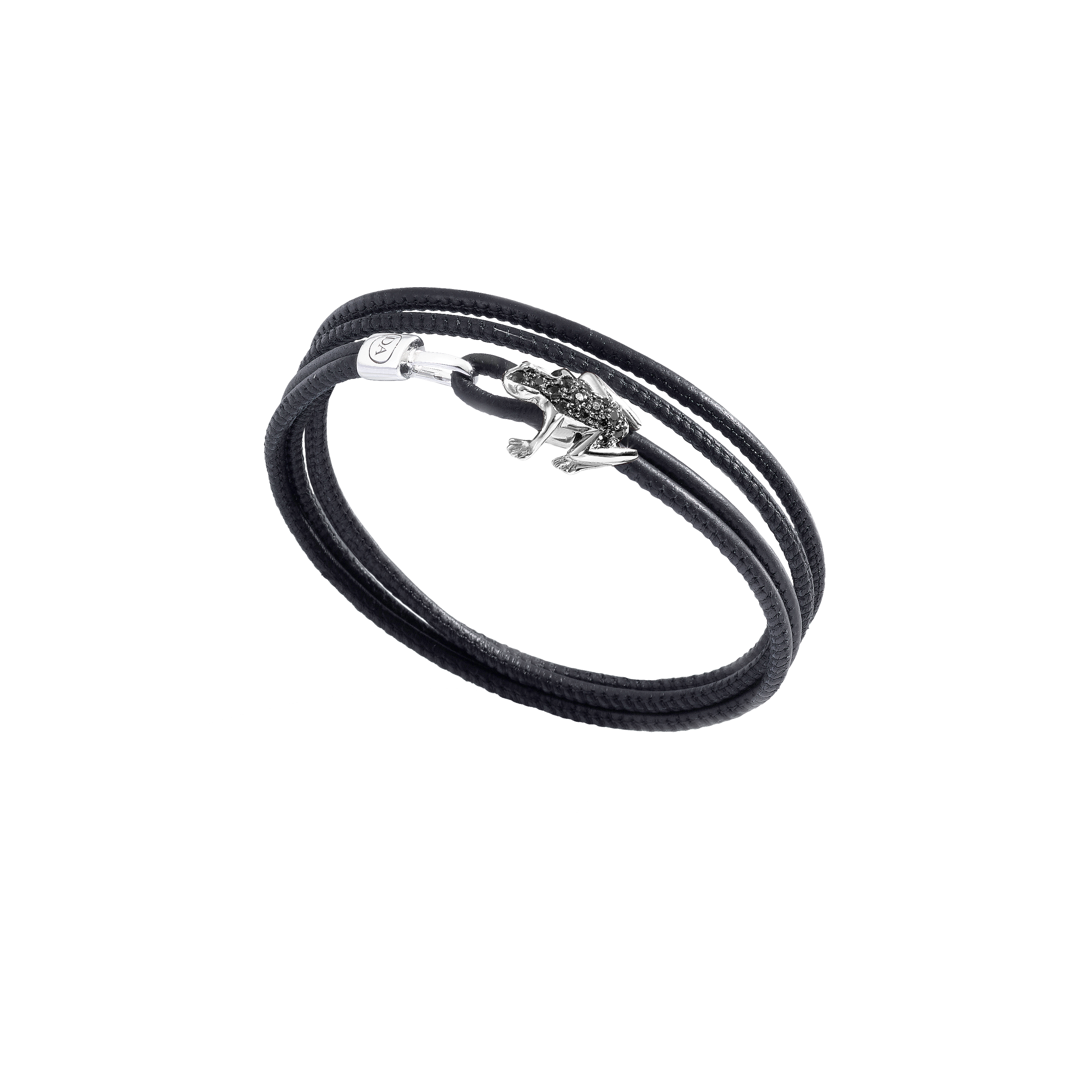 Dada Arrigoni | BRACCIALE HAPPY FROG IN PELLE  NERA, ORO BIANCO RODIATO NERO E DIAMANTI NERI - DHF12BRBNDNXN (1)