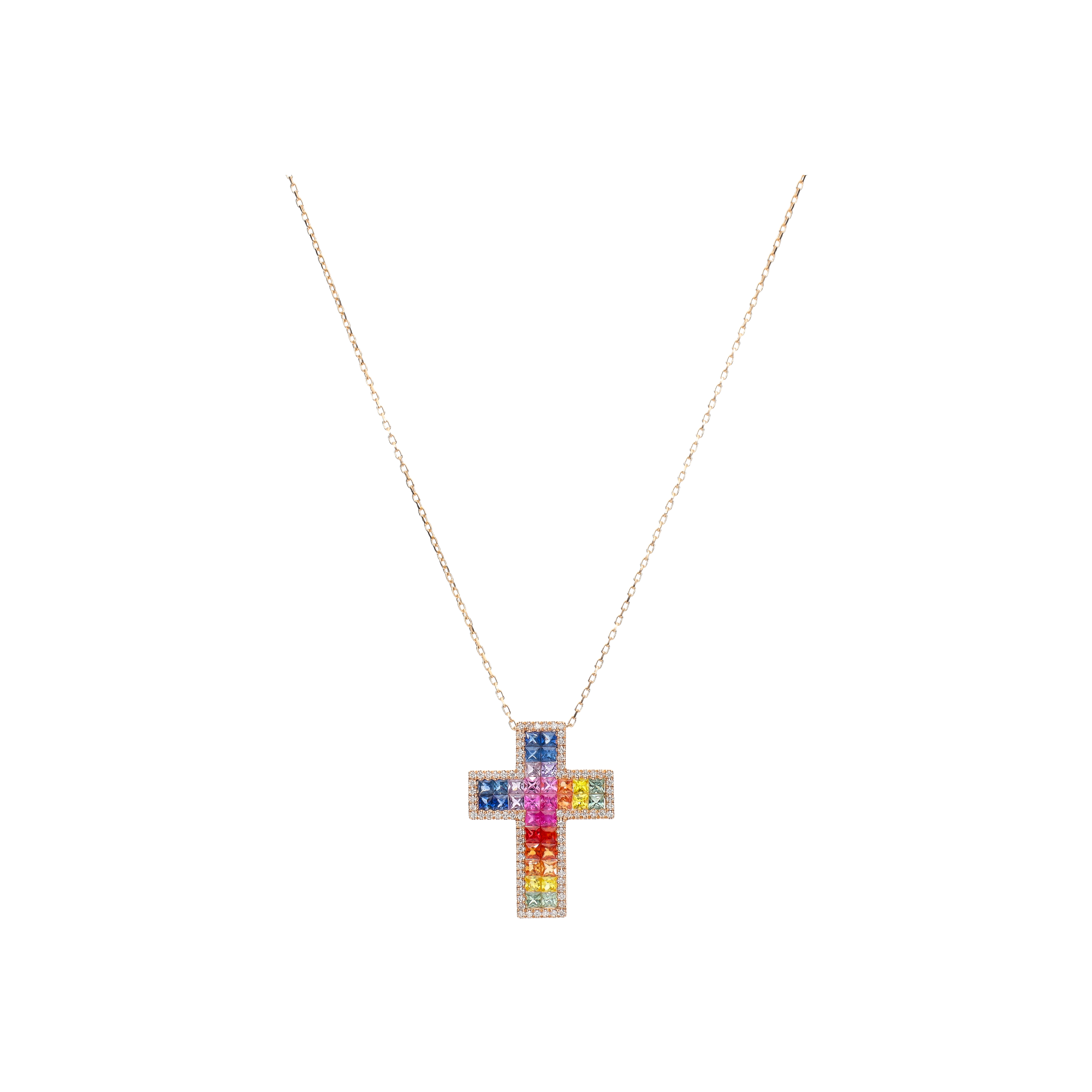Bartorelli Italian Jewels | COLLANA IN ORO ROSA CON CROCE PENDENTE IN PAV&Eacute; DI ZAFFIRI MULTICOLOR E DIAMANTI - KP1042/MS (1)