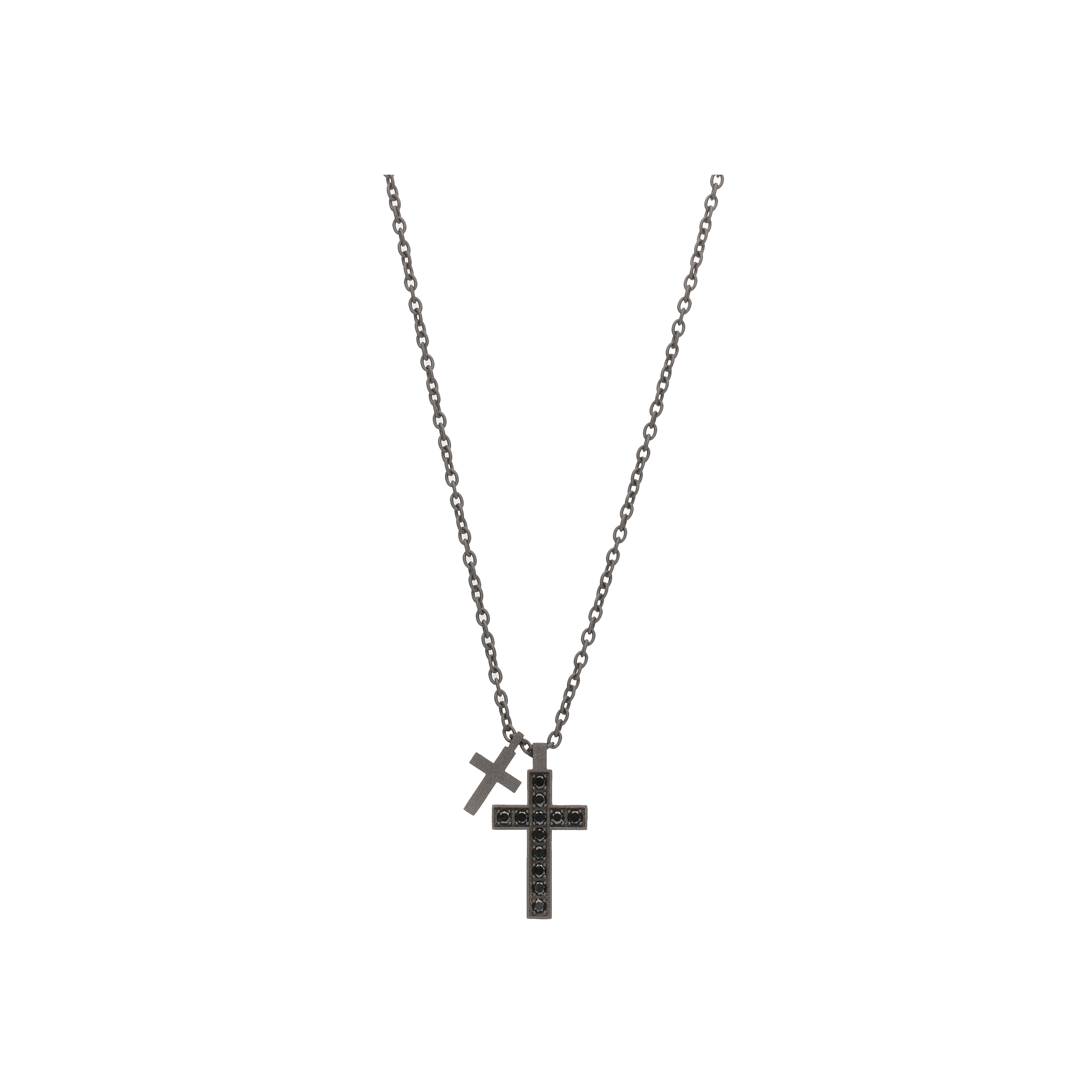 Mano | J . | COLLANA MINIMAL IN TITANIO CON CROCE GRANDE INCASSATA DIAMANTI BLACK E CROCE PICCOLA, MOSCHETTONE IN ORO ROSSO - MINPEN12BTI2CRO (1)