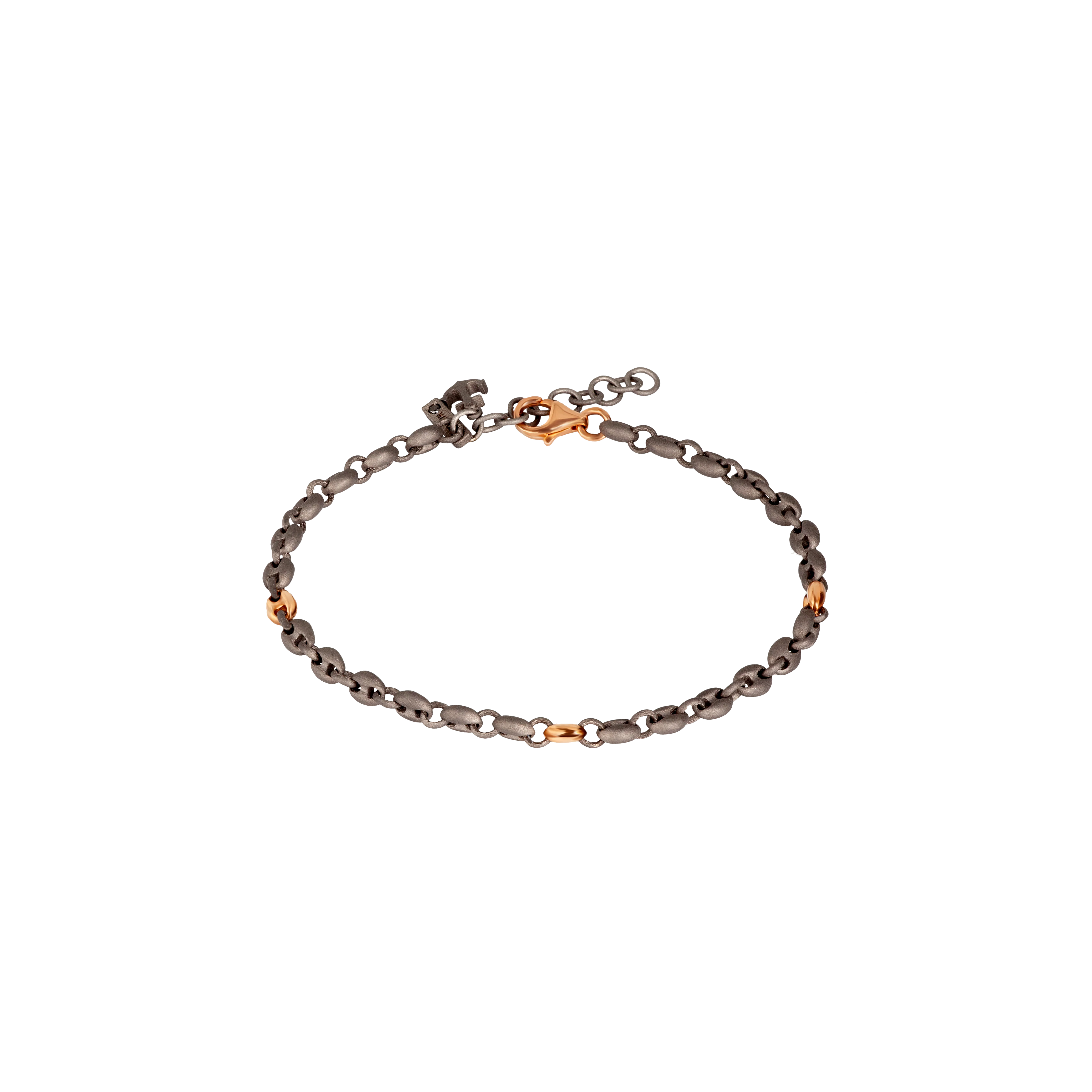 Mano | J . | BRACCIALE UOMO CON MAGLIE MARINE PICCOLE IN TITANIO E ORO ROSSO 9 KT, ANCORA IN TITANIO E DIAMANTE BLACK - MARBRT3RGSM (1)