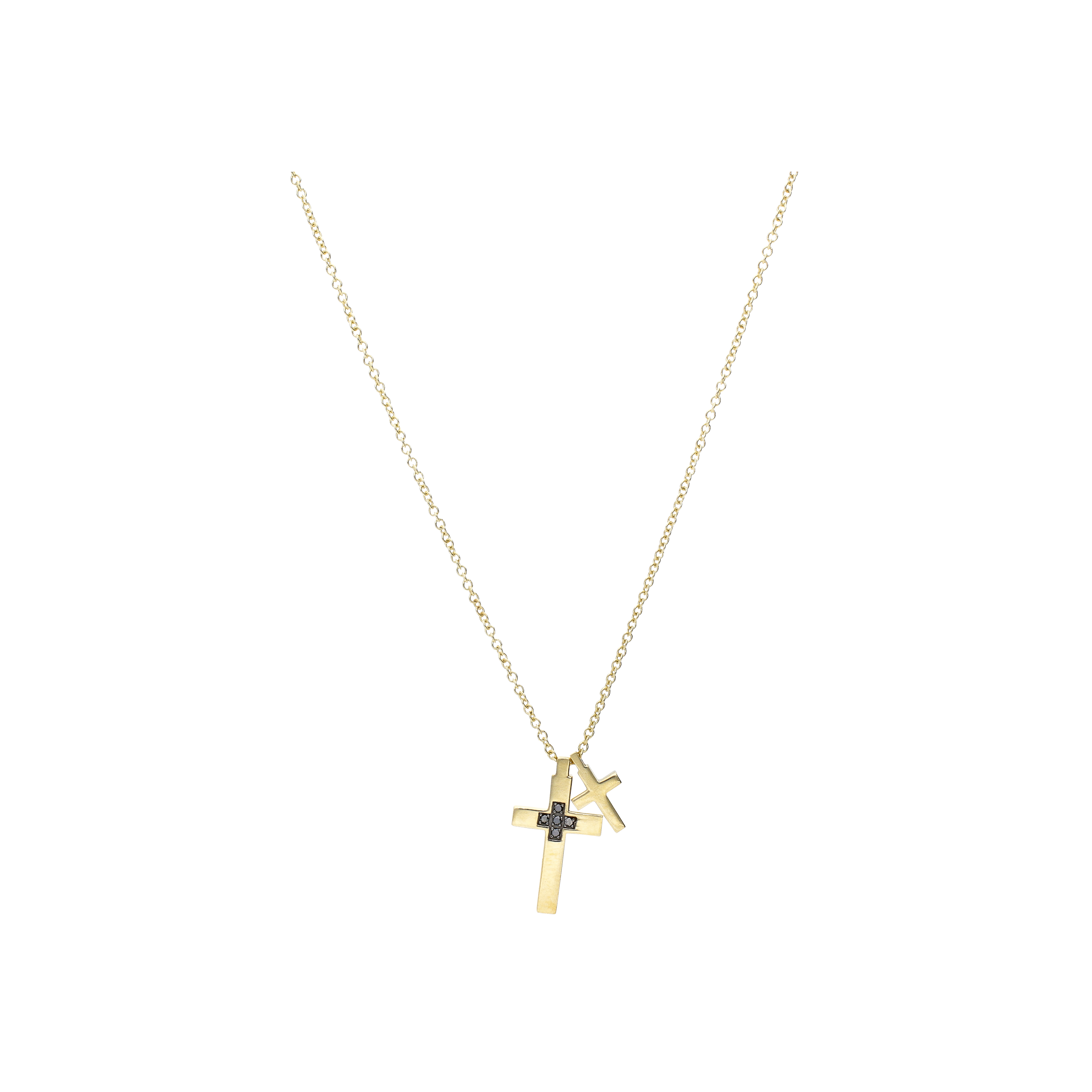Mano | J . | COLLANA MINIMAL IN ORO GIALLO CON 2 CROCI PENDENTI E DIAMANTI NERI - MINPEN2CRO5BOG (1)