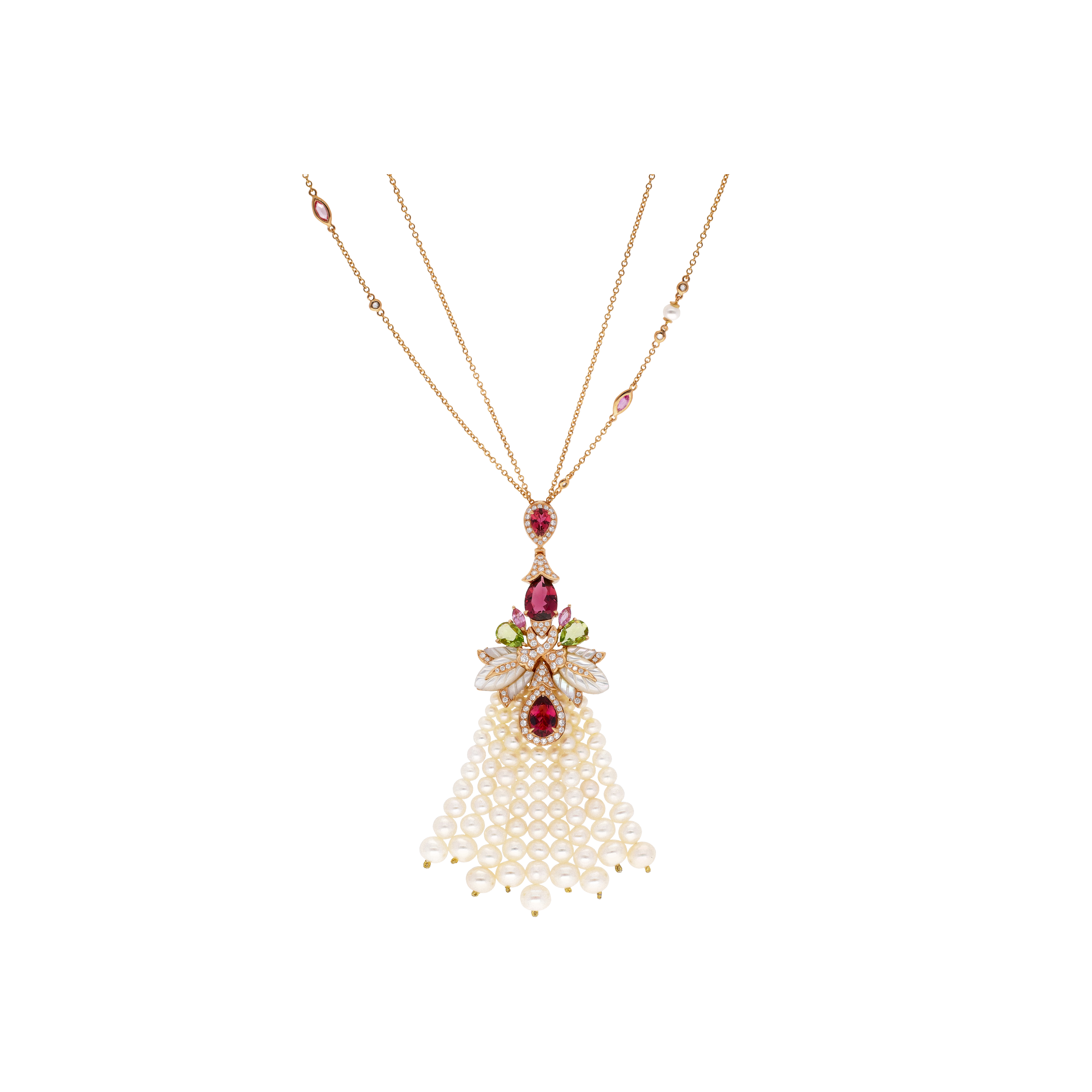 Bartorelli Italian Jewels | COLLANA NAPPA PENDENTE IN ORO ROSA CON CASCATA DI PERLE, DIAMANTI, PERIDOTO, TORMALINA ROSA E MADREPERLA - QNKG04036DSPMPPDPTPLP (1)