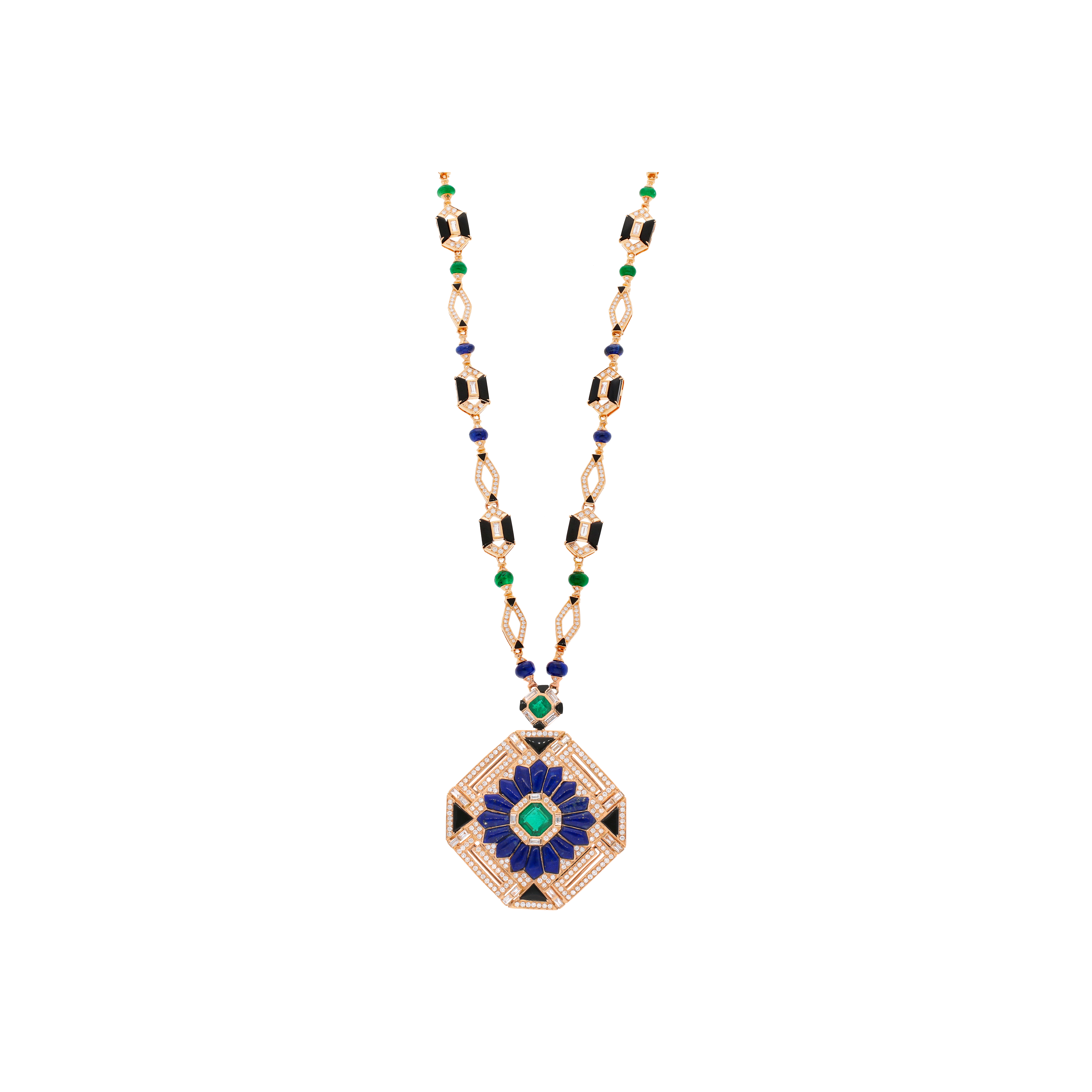 Bartorelli Italian Jewels | COLLANA  PENDENTE GEOMETRICA IN ORO ROSA CON PAV&Eacute; DI DIAMANTI, SMERALDI, LAPISLAZZULI, ZAFFIRI BLU E ONICE - QNKG03546DEMSBLAOXP (1)