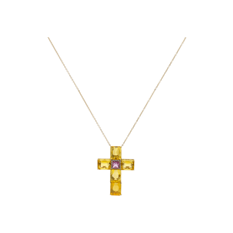 Bartorelli Italian Jewels | COLLANA IN ORO GIALLO CON CROCE PENDENTE IN OPALE GIALLO ZAFFIRO ROSA CENTRALE CON CONTORNO IN PAV&Eacute; DI DIAMANTI - GG/S-I/9601 (1)