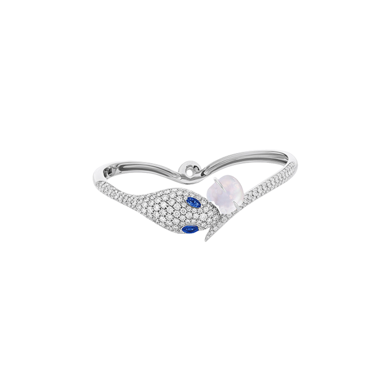 Dada Arrigoni | BRACCIALE RIGIDO MALAFEMMINA IN ORO BIANCO 18 CARATI CON PAV&Eacute; DI DIAMANTI, CRISTALLO DI ROCCA E OCCHI DI ZAFFIRI BLU - DMF02BRBBDIMDZB (1)