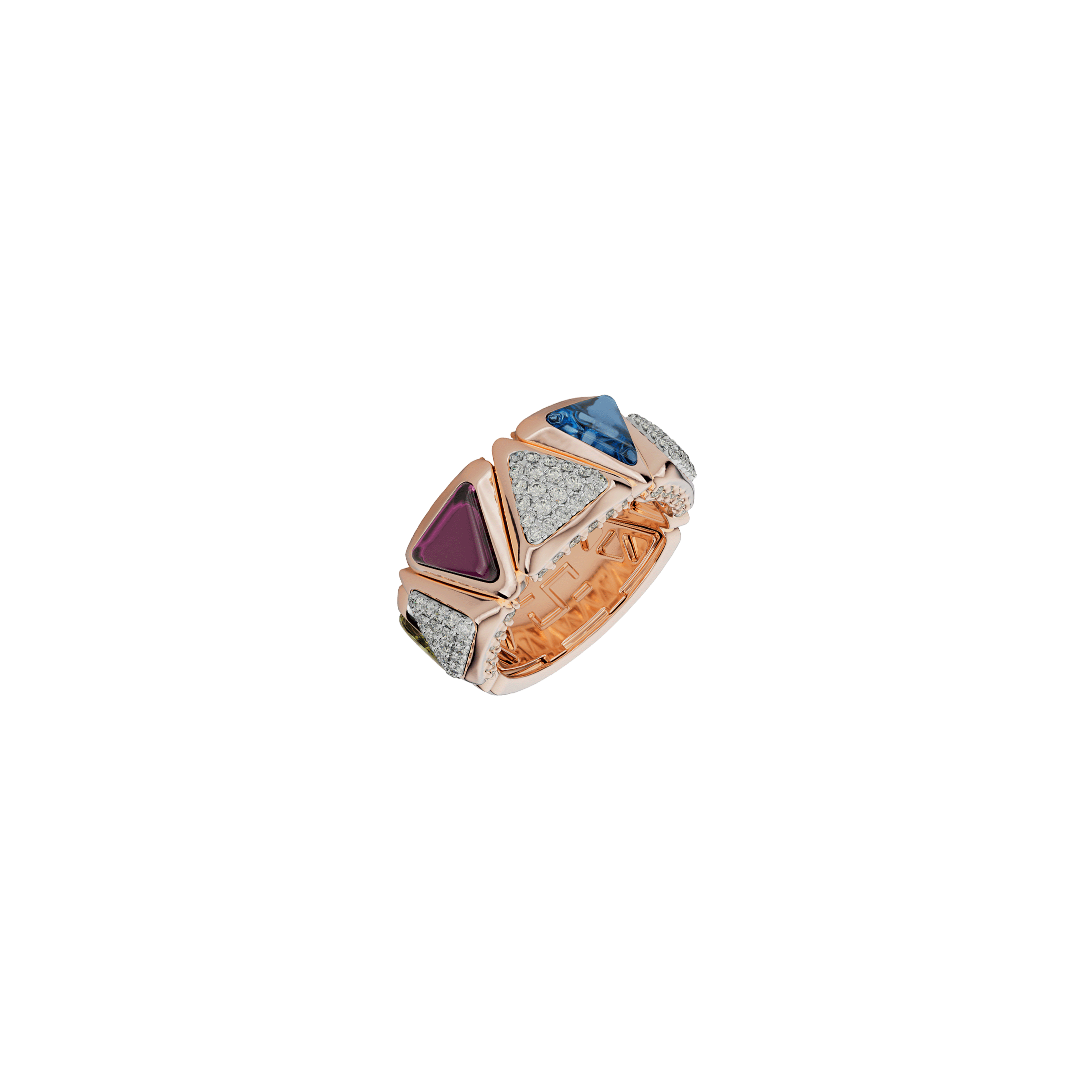 Avel Lenttan | ANELLO ORO ROSA RODOLITE TOPAZIO AZZURRO TORMALINA VERDE E TRIANGOLI IN PAV&Egrave; DI DIAMANTI - RG7-T-PK-24-16-13-01 (1)